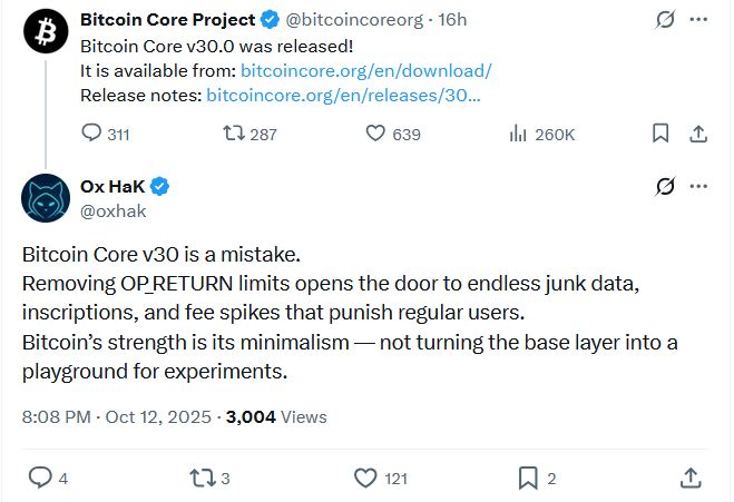 إطلاق تحديث Bitcoin Core v30 مع تعديل مثير للجدل في OP_RETURN