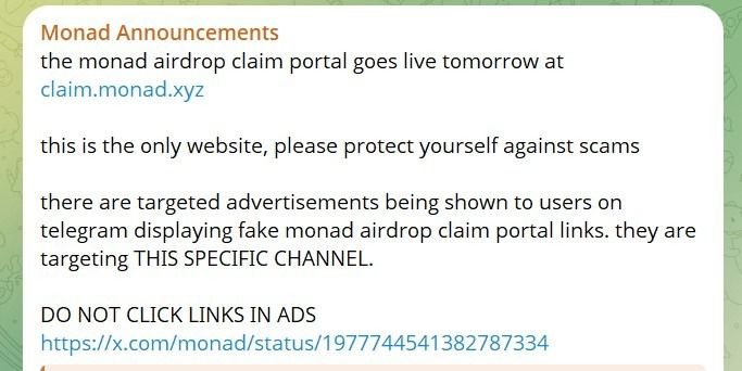 مؤسس مشروع Monad يحذر من إعلانات احتيالية على تيليغرام قبل توزيع التوكن المجاني