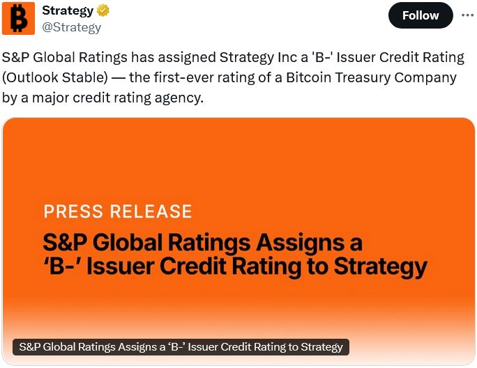وكالة S&P تمنح شركة Strategy تصنيفًا ائتمانيًا من فئة “الديون الرديئة” B- بسبب تركيزها الضيق على البيتكوين