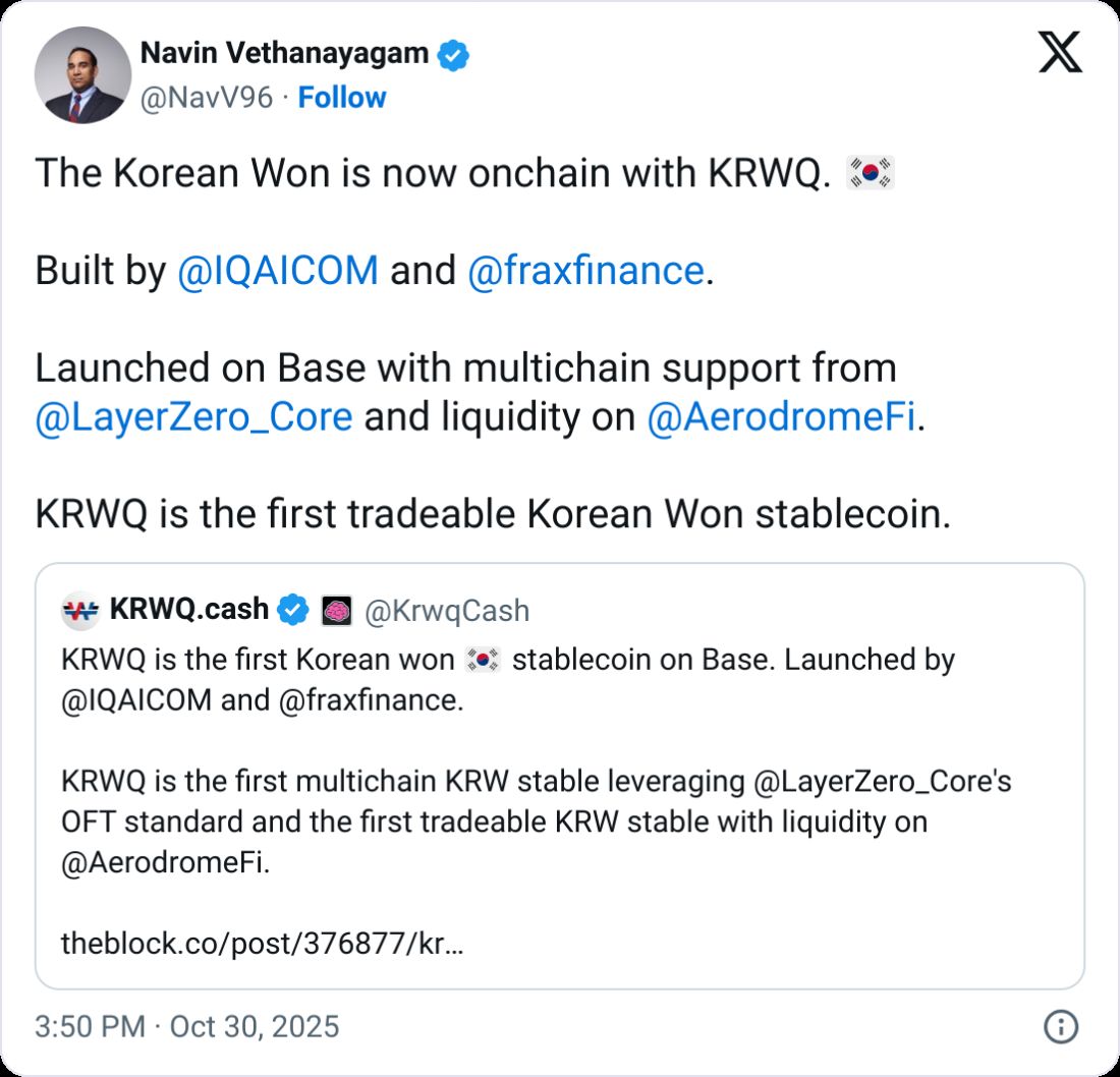 Frax و IQ تطلقان عملة مستقرة مرتبطة بالوون الكوري (KRWQ) على شبكة Base