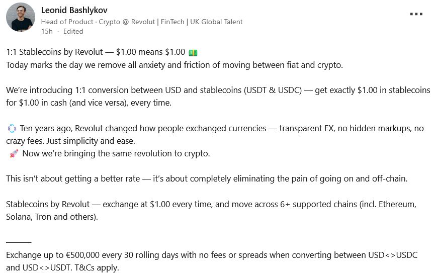 Revolut تطلق ميزة التحويل المباشر بنسبة 1:1 بين الدولار الأمريكي والعملات المستقرة دون رسوم