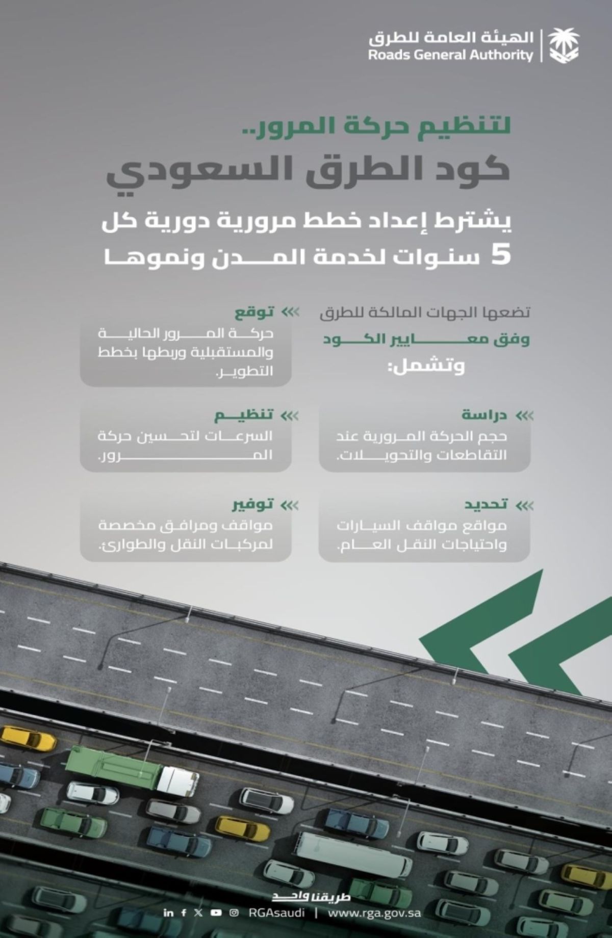 كود الطرق السعودي يشترط إعداد خطط مرورية دورية كل 5 سنوات لخدمة المدن ونموها