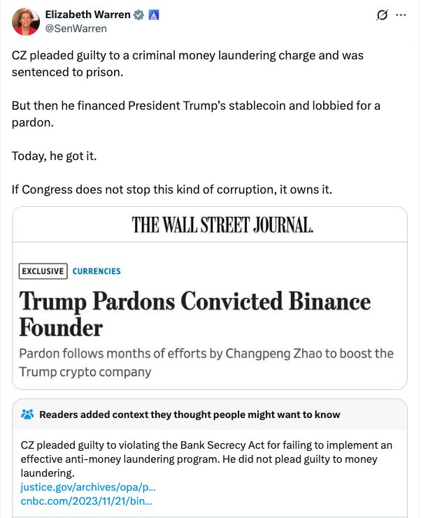 إليزابيث وارن ترفض تهديد CZ بمقاضاتها بتهمة التشهير وتصفه بأنه “بلا أساس”