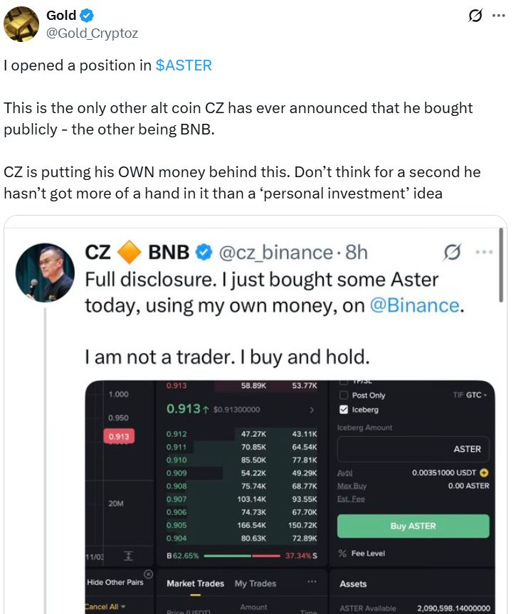 رمز Aster يقفز بأكثر من 30% بعد كشف “CZ” عن امتلاكه حصة شخصية بقيمة 2.5 مليون دولار