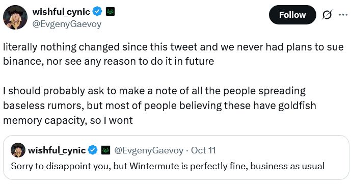 الرئيس التنفيذي لـ Wintermute ينفي وجود خطط لمقاضاة باينانس بسبب انهيار 10 أكتوبر