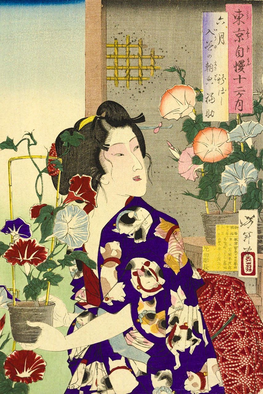 لوحة ”مفاخر طوكيو في اثني عشر شهرًا، شهر يونيو/حزيران“ هي لوحة ملوّنة تصوّر سوق زهور أساغاو في منطقة إيريا. تم رسمها في عام 1880. المصدر: أرشيف مكتبة البرلمان الوطنية