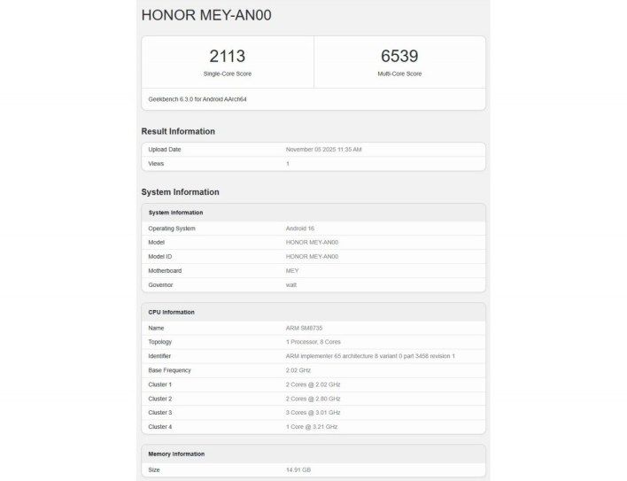 تكنولوجيا: اختبار Geekbench يكشف عن معالج وسعة الذاكرة في Honor 500