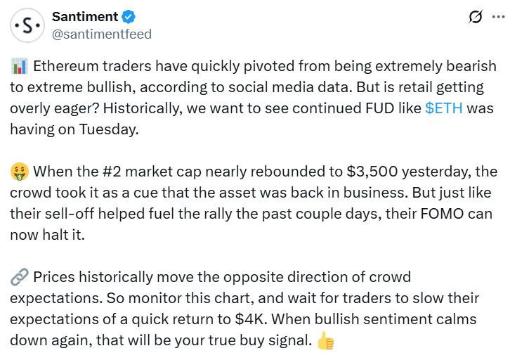 تجار إيثريوم يتحولون إلى التفاؤل بينما يسيطر الخوف على بقية السوق