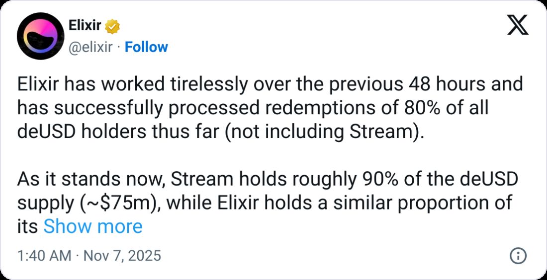 منصة Elixir تُوقف عملة deUSD المستقرة عقب خسارة بقيمة 93 مليون دولار في Stream Finance