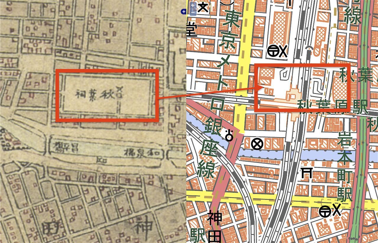 في لوحة ”مئة مشهد شهير في إيدو، أوكيجي أكيبا نو كيداي“، يظهر ضريح أكيها في موكوجيما الشهير بين عامة الناس. المصدر: أرشيف مكتبة البرلمان الوطنية