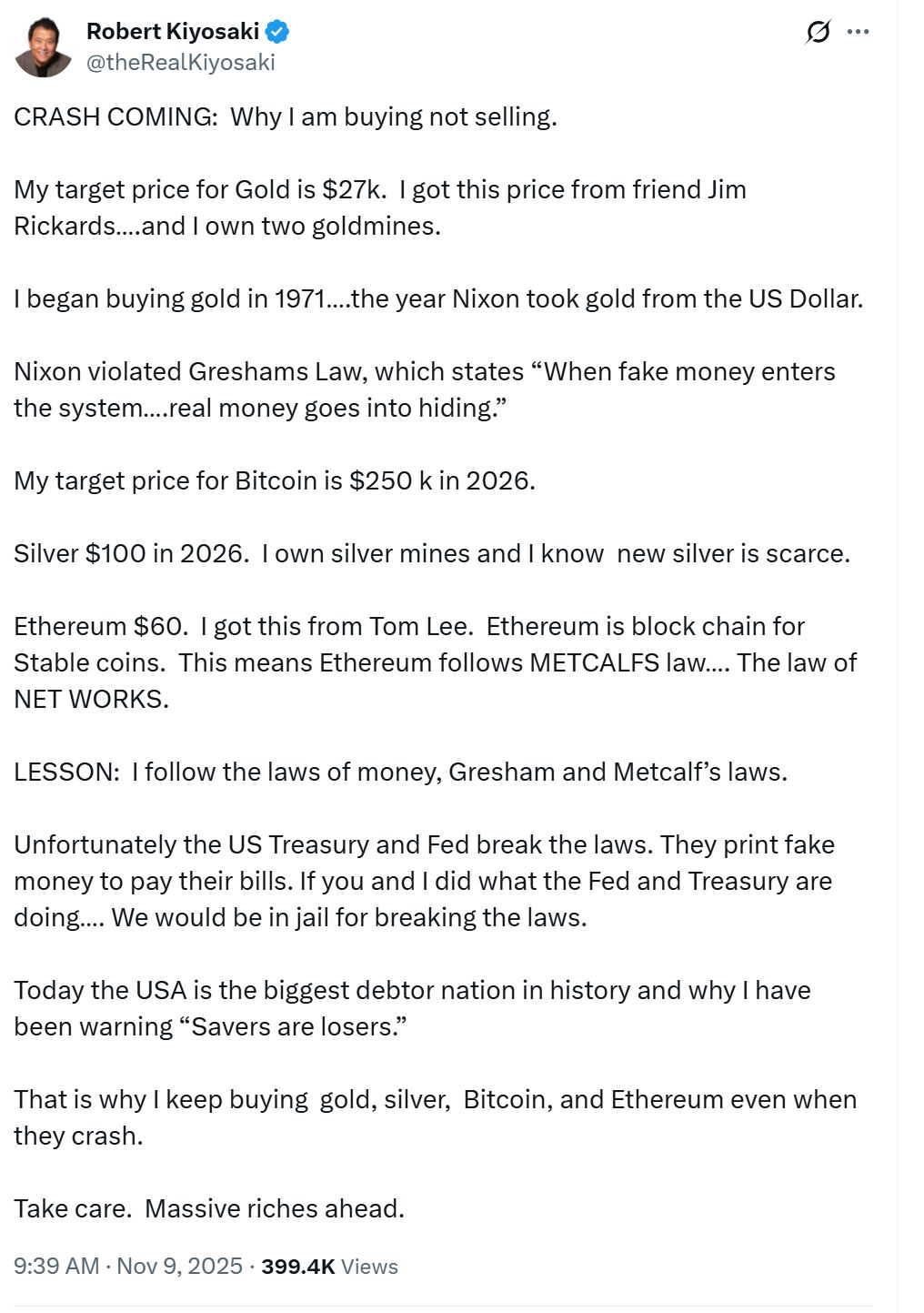 روبرت كيوساكي يقول إنه يشتري ويستهدف 250 ألف دولار للبيتكوين و27 ألفًا للذهب