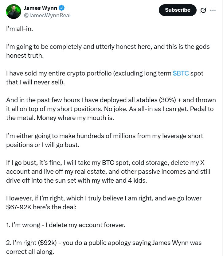 جيمس وين يدخل “بالكامل” مراكز البيع على المكشوف للبيتكوين بعد 12 تصفية خلال 12 ساعة