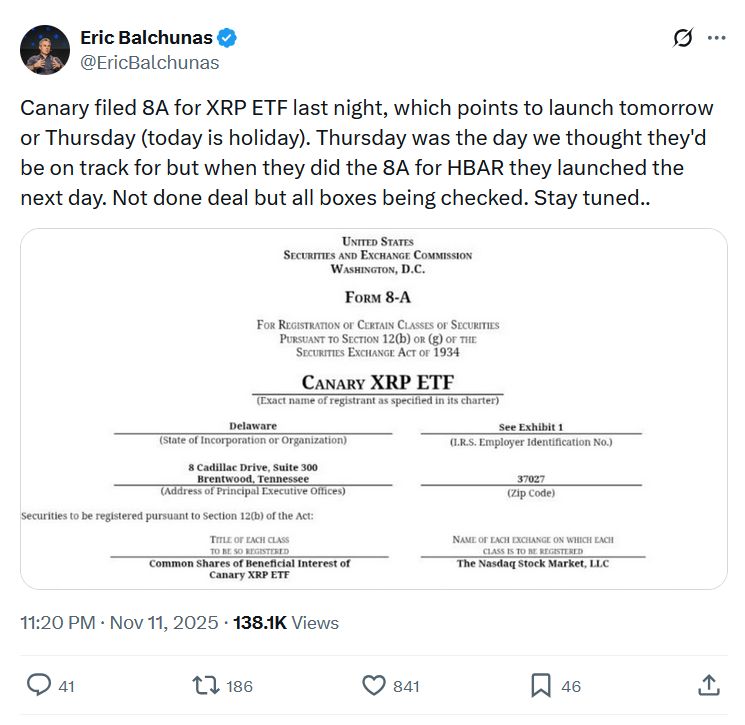 تقرير يُشير إلى أن صندوق XRP الفوري قد يُطرح في السوق هذا الأسبوع بعد إيداع Canary Capital لوثائق رئيسية