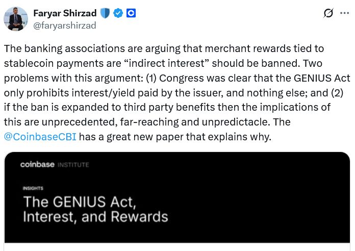 Coinbase: حظر المكافآت المرتبطة بالدفع بالعملات المستقرة “مناهض للقيم الأمريكية”