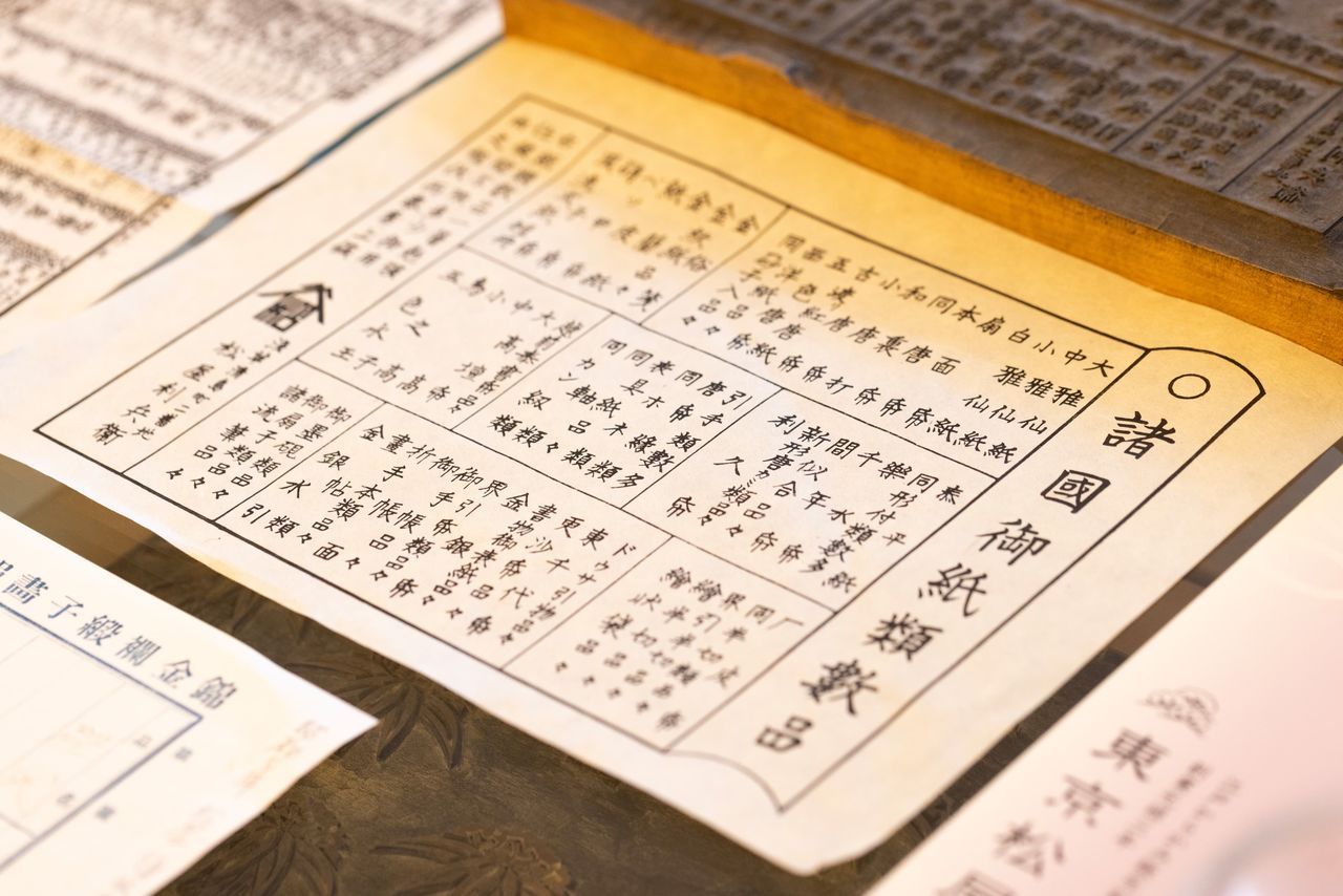 منشور خشبي من أواخر فترة إيدو (1603–1868) يوضح تصنيفات المنتجات الورقية. ويوجد في المربع الأوسط الأيمن إشارة إلى أنواع الكاراكامي الحديثة. (© كاواموتو سايّا)