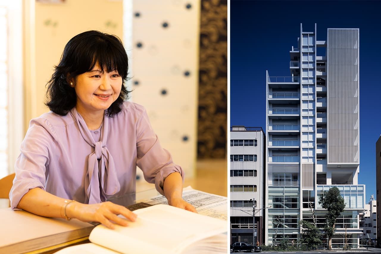 كونو أياكو في صالة عرض شركة طوكيو ماتسويا، بينما يظهر المبنى الرئيسي للشركة على الجانب الأيمن. (بتصريح من: طوكيو ماتسويا)