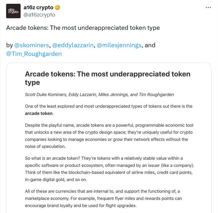 a16z: توكنات الـArcade تُعد “لبنة أساسية” في تطوّر الكريبتو