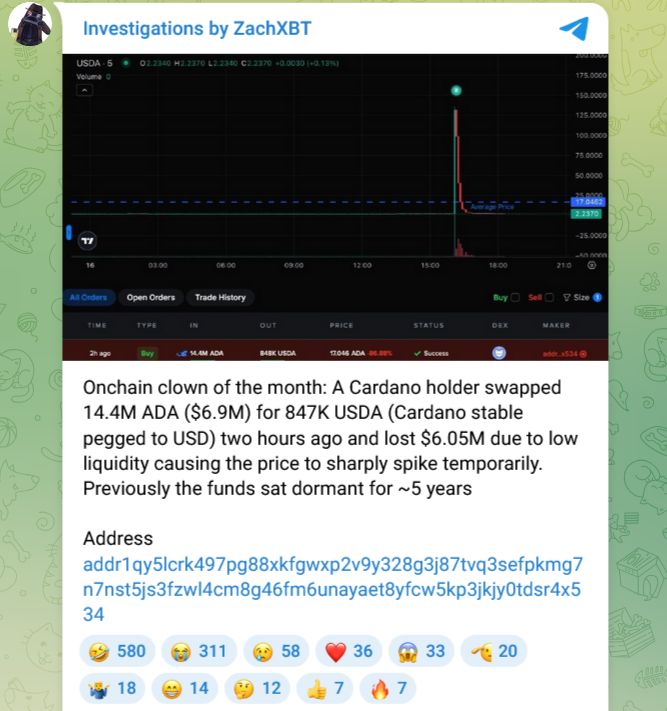 مُحتفظ بكاردانو لمدة 5 سنوات يخسر 90% من 6.9 ملايين دولار من ADA في مبادلة فاشلة
