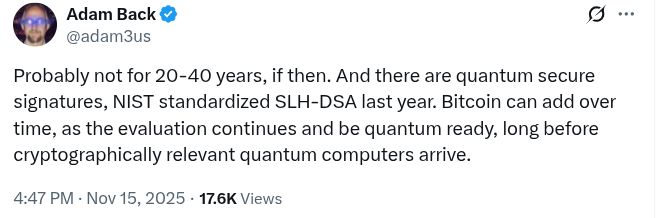 آدم باك: لا يواجه البيتكوين أي مخاطر كمية خلال الـ20–40 عامًا المقبلة