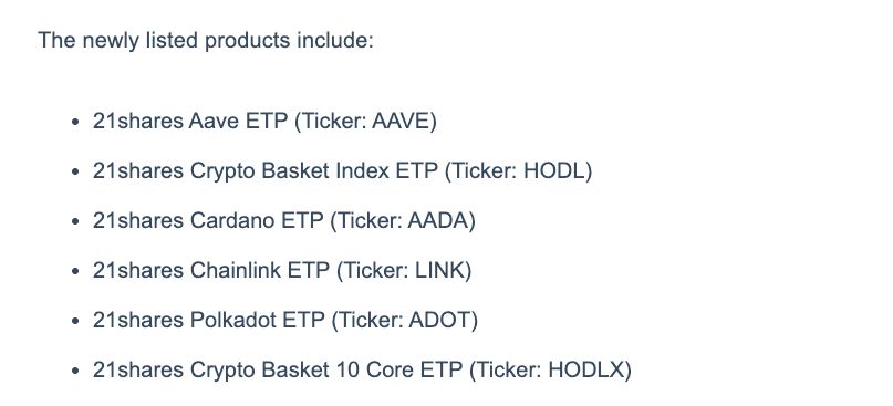 21Shares تُدرج ستة منتجات تشفير جديدة في أوروبا: تشمل Aave وكاردانو وغيرها