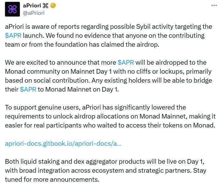 شركة aPriori تنفي أي علاقة داخلية بجهة غامضة استحوذت على معظم مكافآت Airdrop لرمز APR