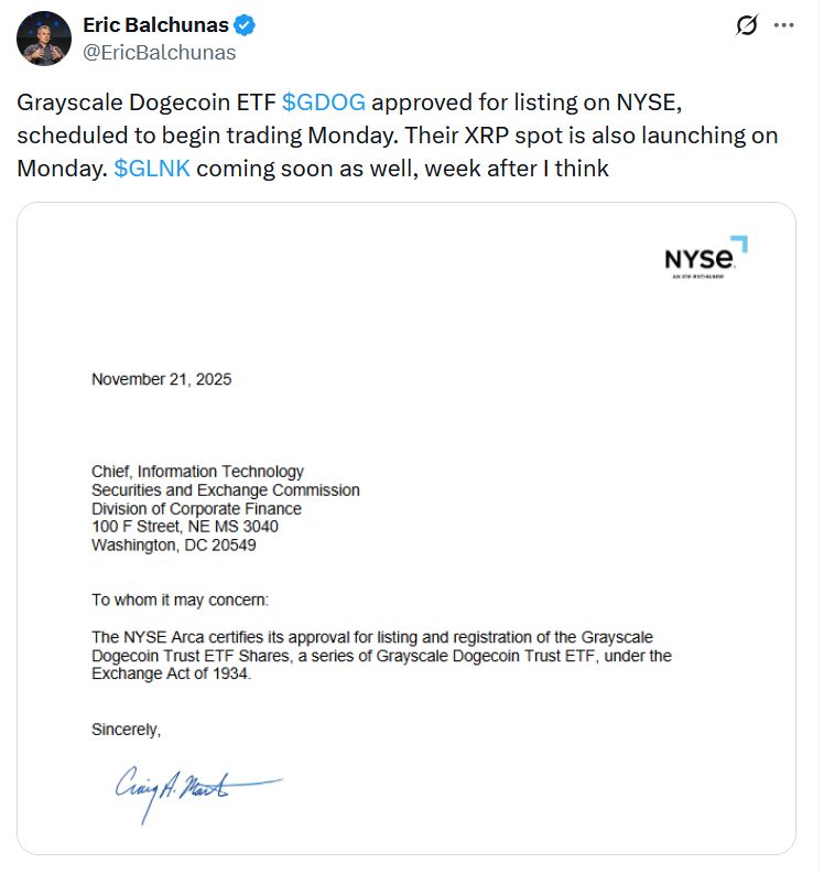 وافقت بورصة نيويورك على صناديق DOGE وXRP المتداولة من Grayscale تمهيداً لانطلاقها يوم الإثنين