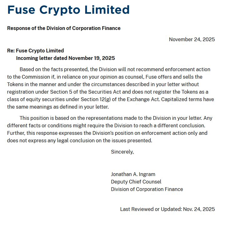 هيئة الأوراق المالية تصدر خطاب “عدم اتخاذ إجراء” لمشروع Solana DePIN وعملة FUSE