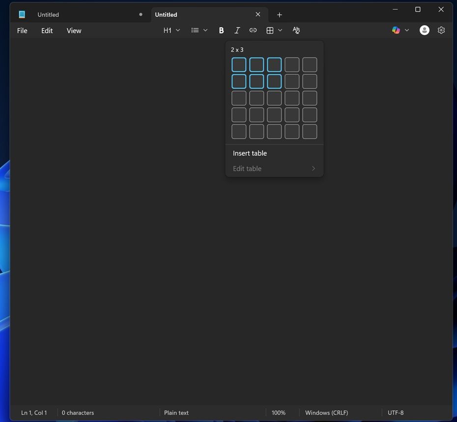 Notepad في ويندوز 11 يدعم إنشاء الجداول مجانًا