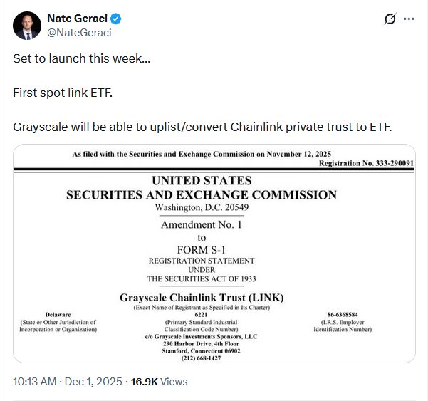 Grayscale تستعد لإطلاق أول صندوق ETF فوري لعملة Chainlink في الولايات المتحدة عبر تحويل الثقة