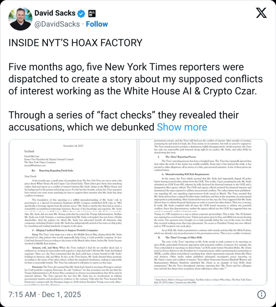 ديفيد ساكس يصف تقرير نيويورك تايمز حول تضارب المصالح بأنه “لا شيء يستحق الذكر”