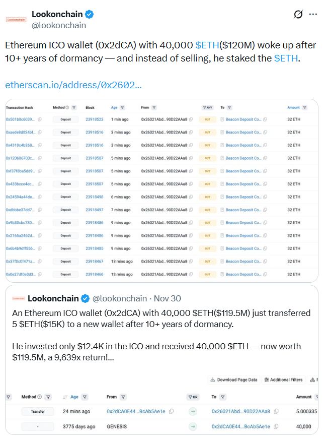 إيثريوم: محفظة من عصر الطرح الأولي تنقل 120 مليون دولار بعد عقد… وتحوّلها مباشرة إلى التحصيص