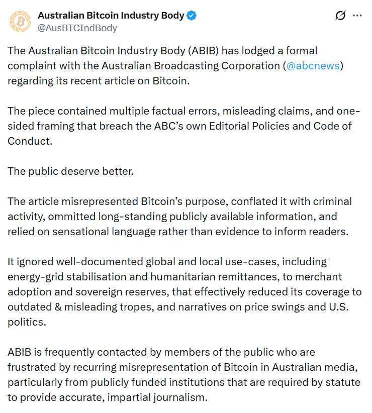 جماعة الضغط تنتقد مقالاً "مُبالغاً" عن البيتكوين من هيئة الإذاعة الأسترالية