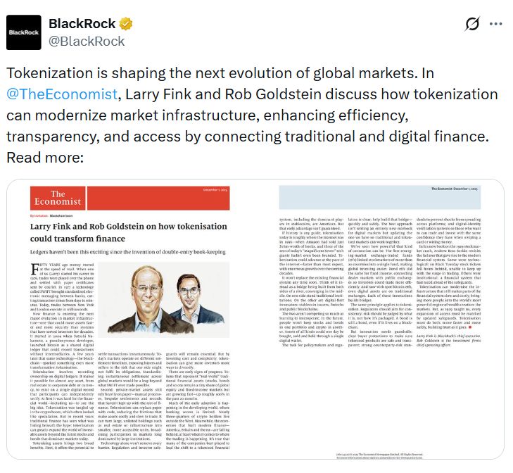 الرئيس التنفيذي لـBlackRock ومدير العمليات: ترميز الأصول سيُشكّل الجسر بين الكريبتو والتمويل التقليدي