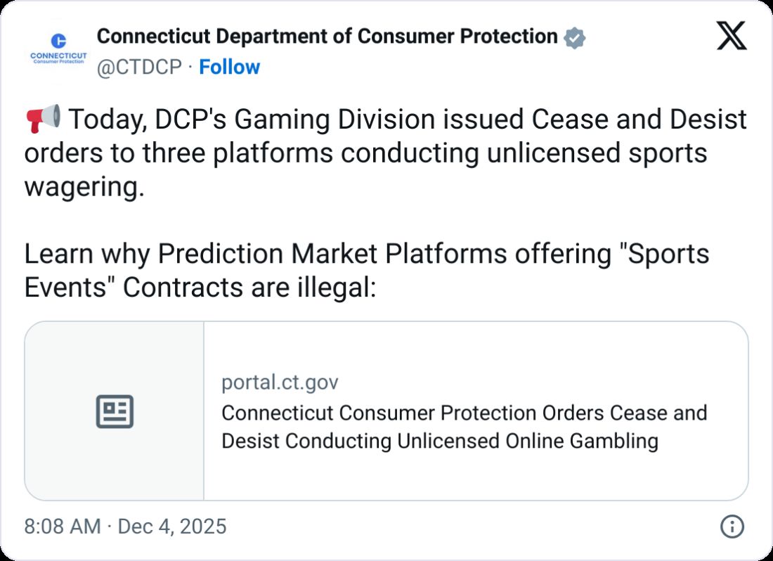 كونيتيكت تأمر Robinhood وCrypto.com وKalshi بوقف أسواق التنبؤ