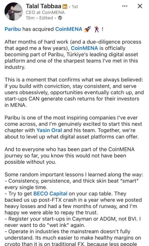 عاجل: شركة Paribu التركية تستحوذ رسميا على منصة CoinMENA