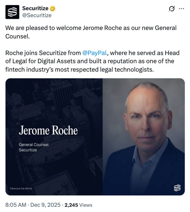 Securitize تستقطب مديراً تنفيذياً سابقاً في PayPal مع تصاعد زخم ترميز الأصول في الولايات المتحدة