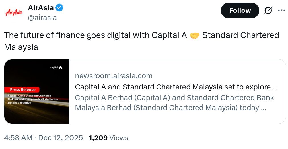 ستاندرد تشارترد والشركة المالكة لـ AirAsia تختبران عملة مستقرة مرتبطة بالرينغيت في ماليزيا