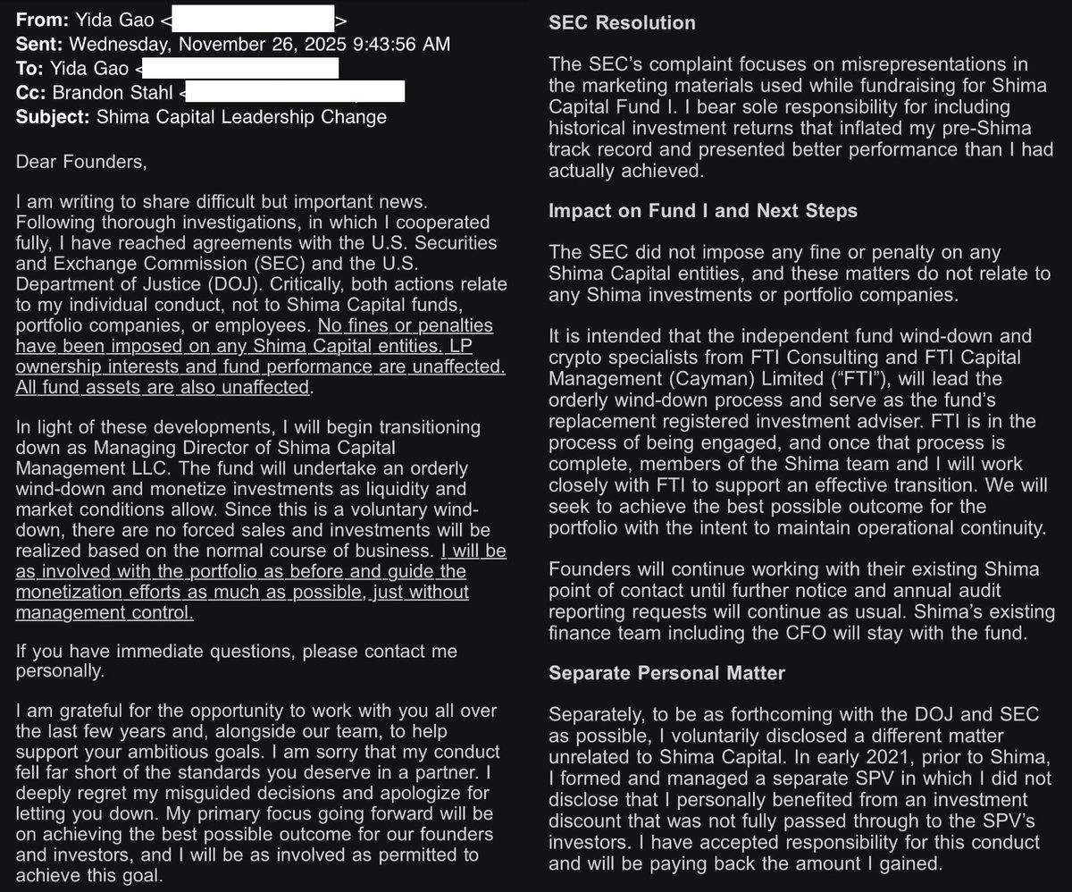 دعوى قضائية من هيئة SEC تضع مستقبل Shima Capital على المحك بعد تسريب رسالة عن تصفية الأعمال