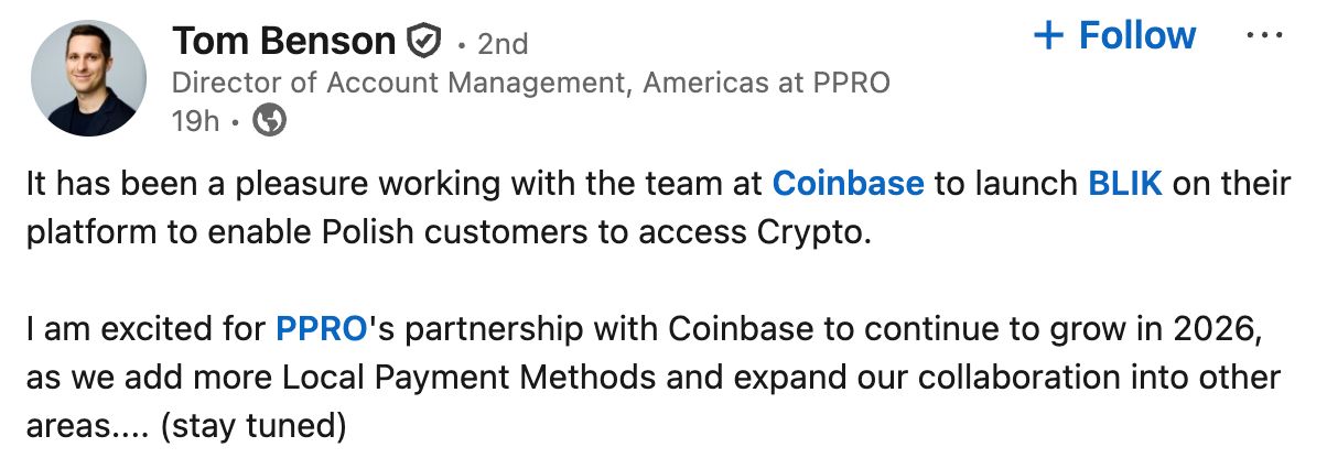 Coinbase توسّع حضورها في بولندا عبر دمج مدفوعات Blik عبر الهاتف المحمول
