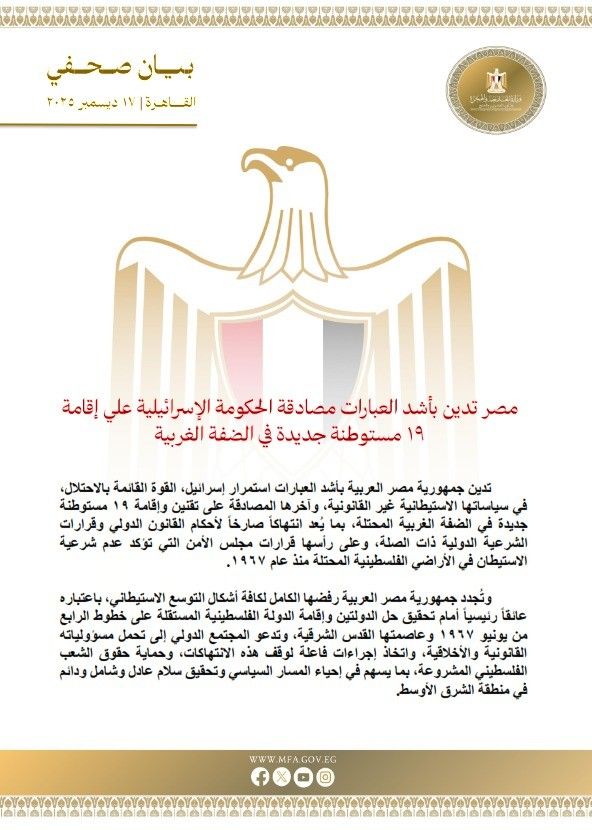 مصر تُعقّب على توسع إسرائيل الاستيطاني في الضفة