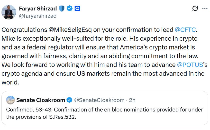 مجلس الشيوخ الأميركي يصدّق على تعيين سيليغ المؤيد للعملات الرقمية رئيسًا لـ CFTC، وهيل على رأس FDIC