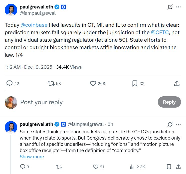 Coinbase تستنسخ نهج Kalshi وتُقاضي ثلاث ولايات أميركية بسبب أسواق التنبؤ