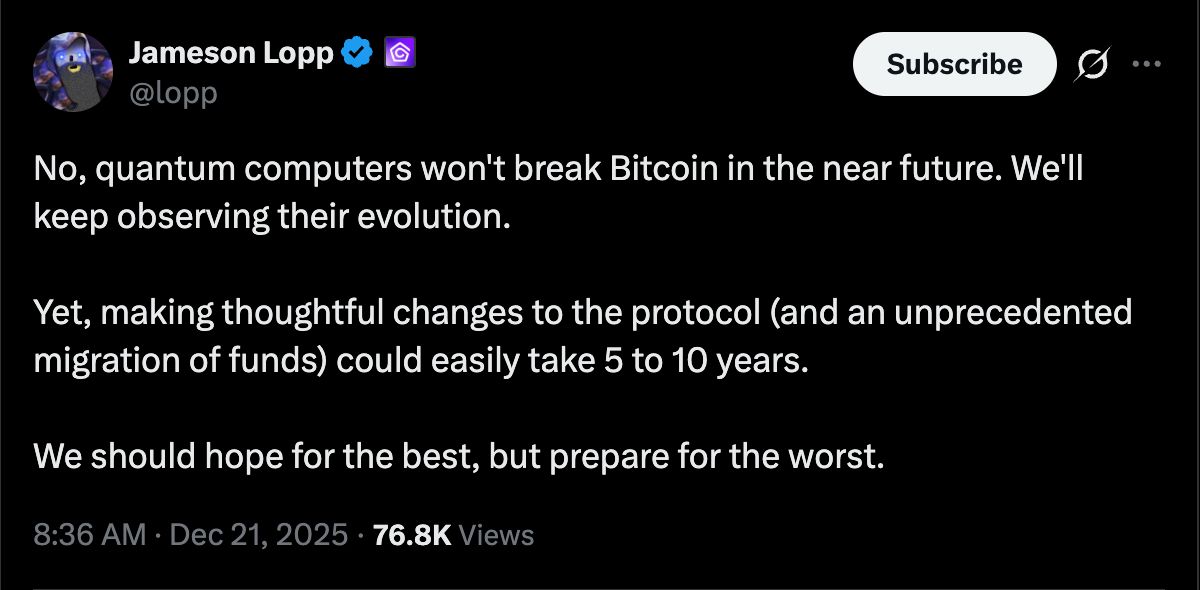 مسؤول تنفيذي في القطاع: ترحيل بيتكوين إلى معايير ما بعد الحوسبة الكمية قد يستغرق "بسهولة" من 5 إلى 10 سنوات