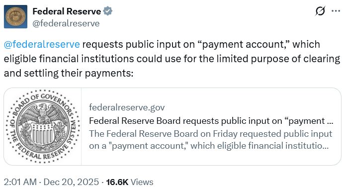 الاحتياطي الفيدرالي يطلب آراءً حول حسابات دفع قد تجذب شركات الكريبتو