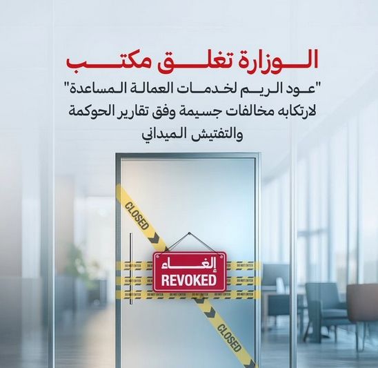 "الموارد البشرية" تغلق مكتب "عود الريم لخدمات العمالة المساعدة" في عجمان