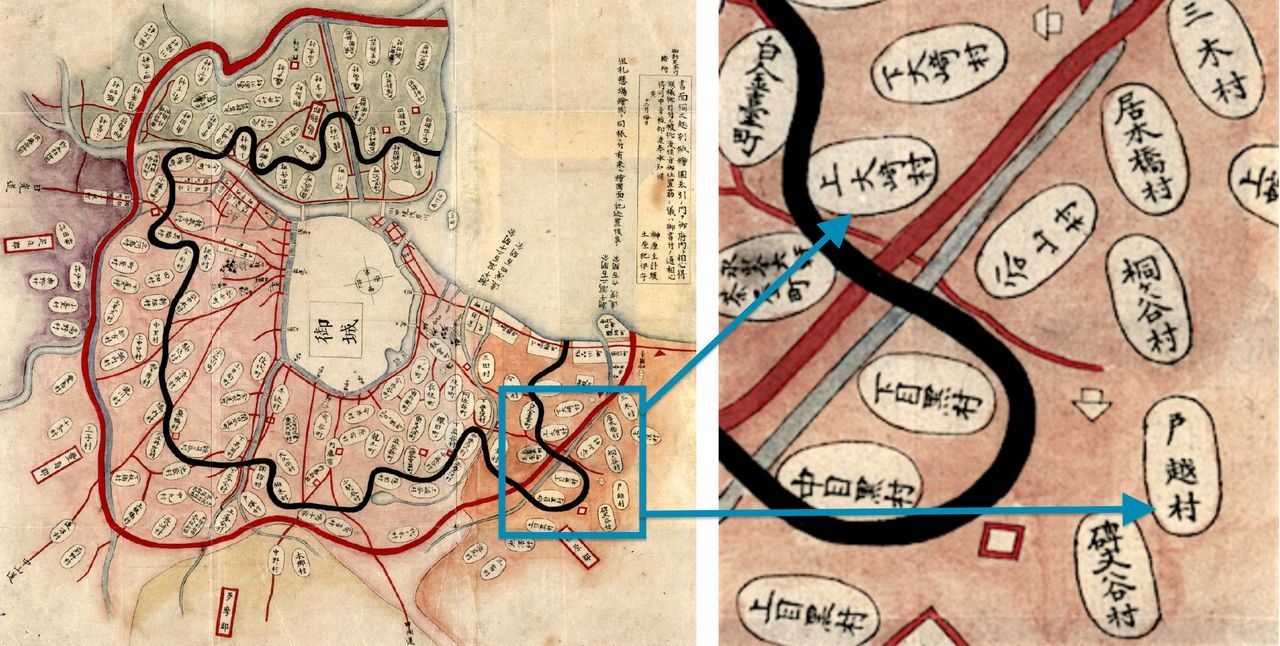 ”خريطة داخل حدود إيدو القديمة“. إلى اليسار الصورة الكاملة، وإلى اليمين تكبير لجزء من قرية كامي-أوساكي وقرية شيمو-أوساكي وقرية توغوشي. المصدر: أرشيف متحف الوثائق العامة في محافظة طوكيو