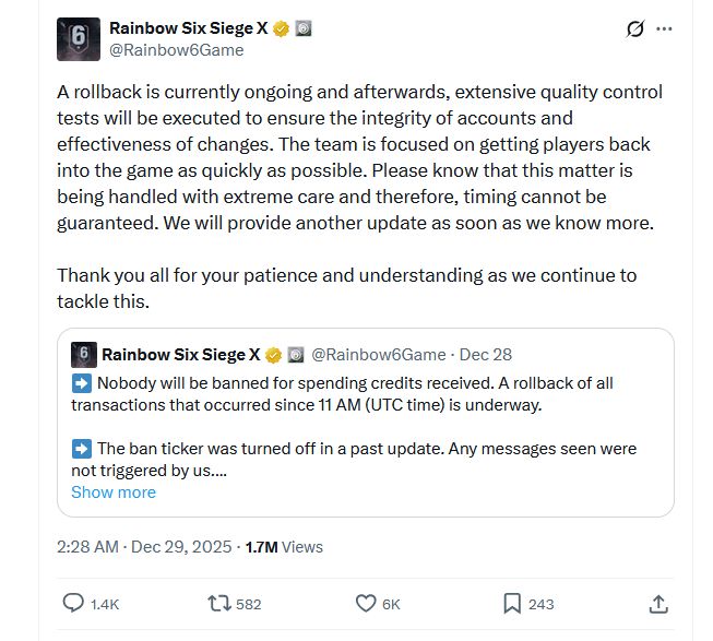 أوقفت شركة يوبيسوفت خدمات Rainbow Six Siege بعد أن منح مخترقون كل لاعب 13.3 مليون دولار من الرصيد داخل اللعبة