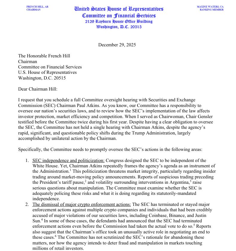 النائبة ماكسين ووترز تطالب بجلسة رقابية حول نهج هيئة الأوراق المالية تجاه العملات المشفرة