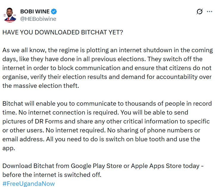 زعيم المعارضة الأوغندية يروّج لتطبيق Bitchat وسط مخاوف من قطع الإنترنت