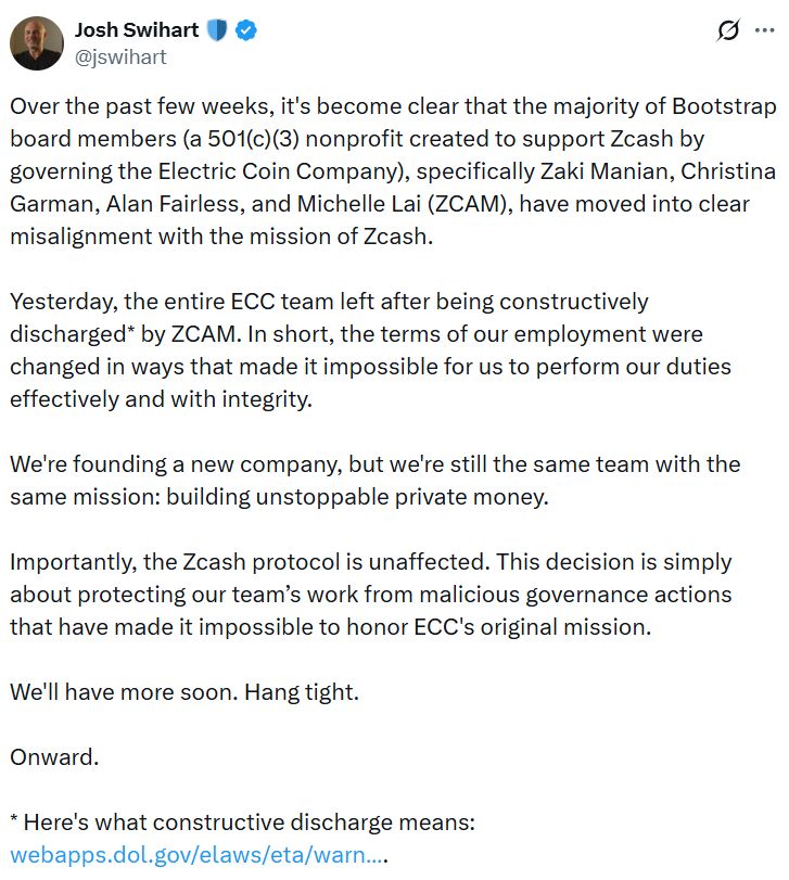 انفصل مطوّرو Zcash عن شركة Electric Coin Company ويخطّطون لتأسيس شركة جديدة